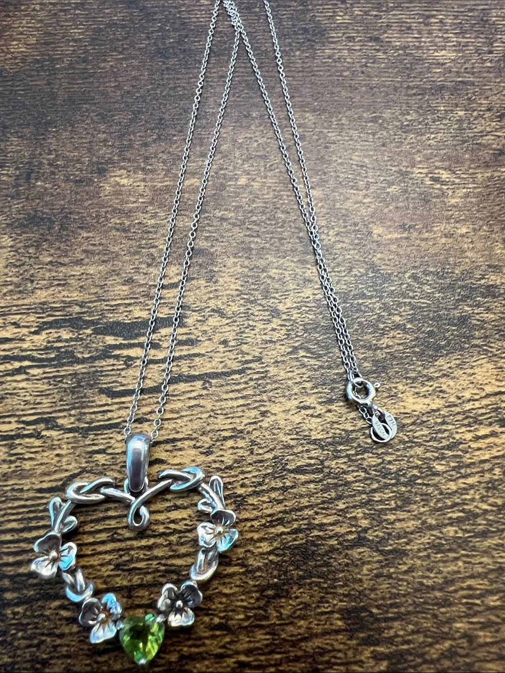 Sterling Silver Heart Pendant Necklace with Green Gemstone